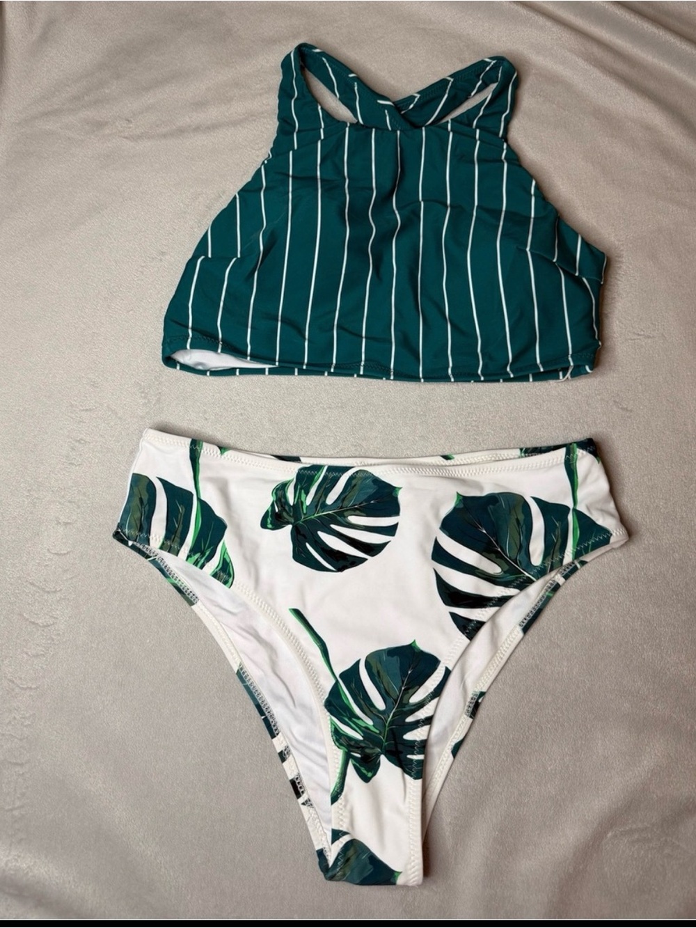 Cupshe Teal Stripe and Leaves Print Crisscross Bikini Set size medium